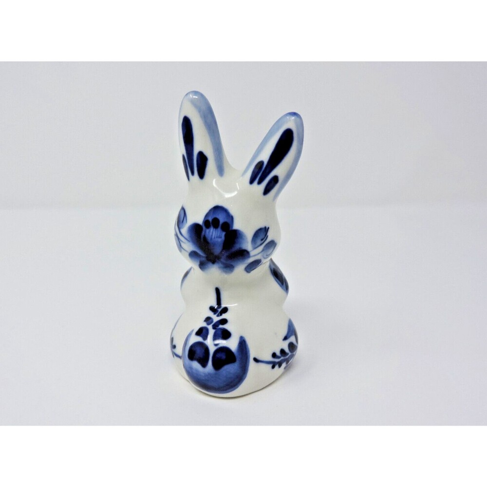 Rabbit Bunny Carrot Gzhel Porcelain Figurine Handmade Russia Cobalt White 4.5in - Picture 6 of 15